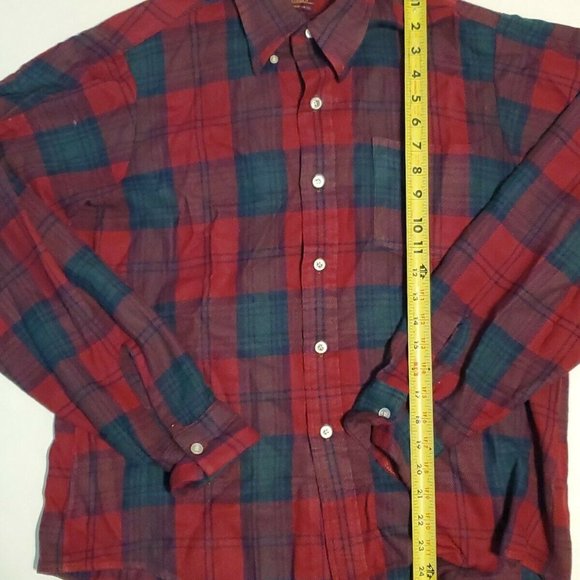 Vintage VAN HEUSEN Vanopress Wool Flannel Loop Collar Red Green Plaid Shirt Sz M - Picture 6 of 8